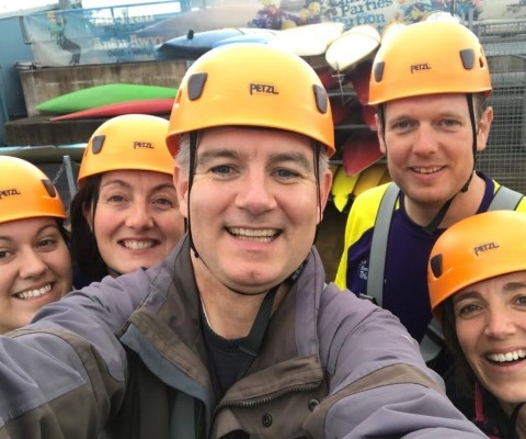 Band members in helments