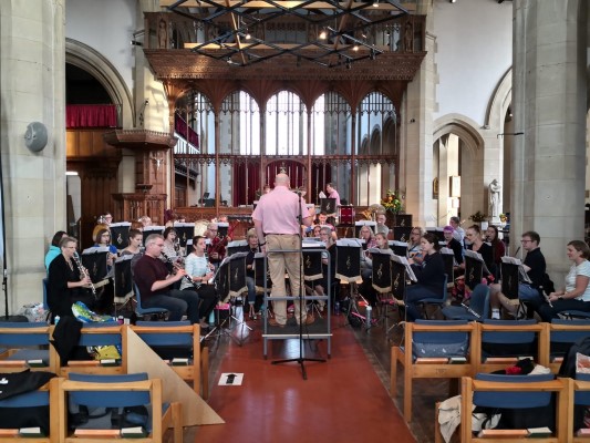 Band rehearsing in church in Dorchester